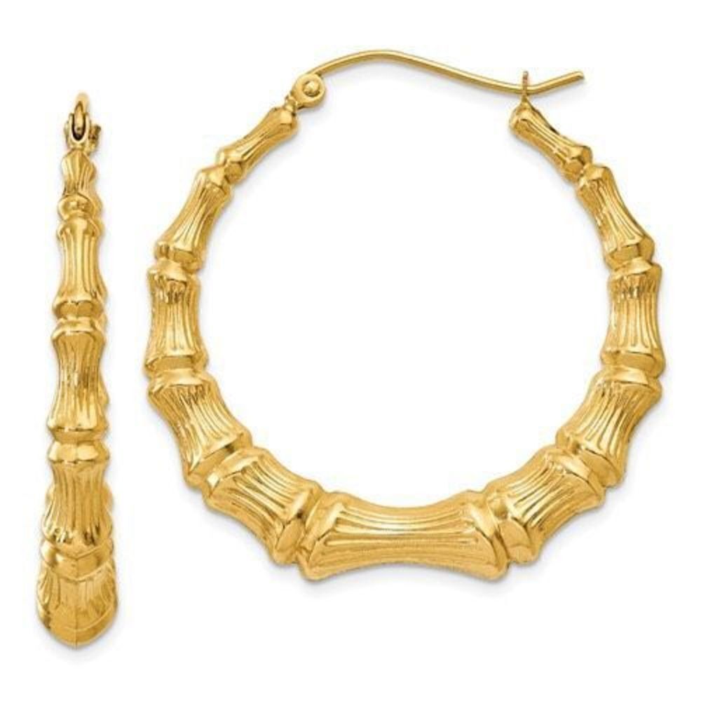 14k Polished Bamboo 1 1/2 inch Hoop Earrings, brand new